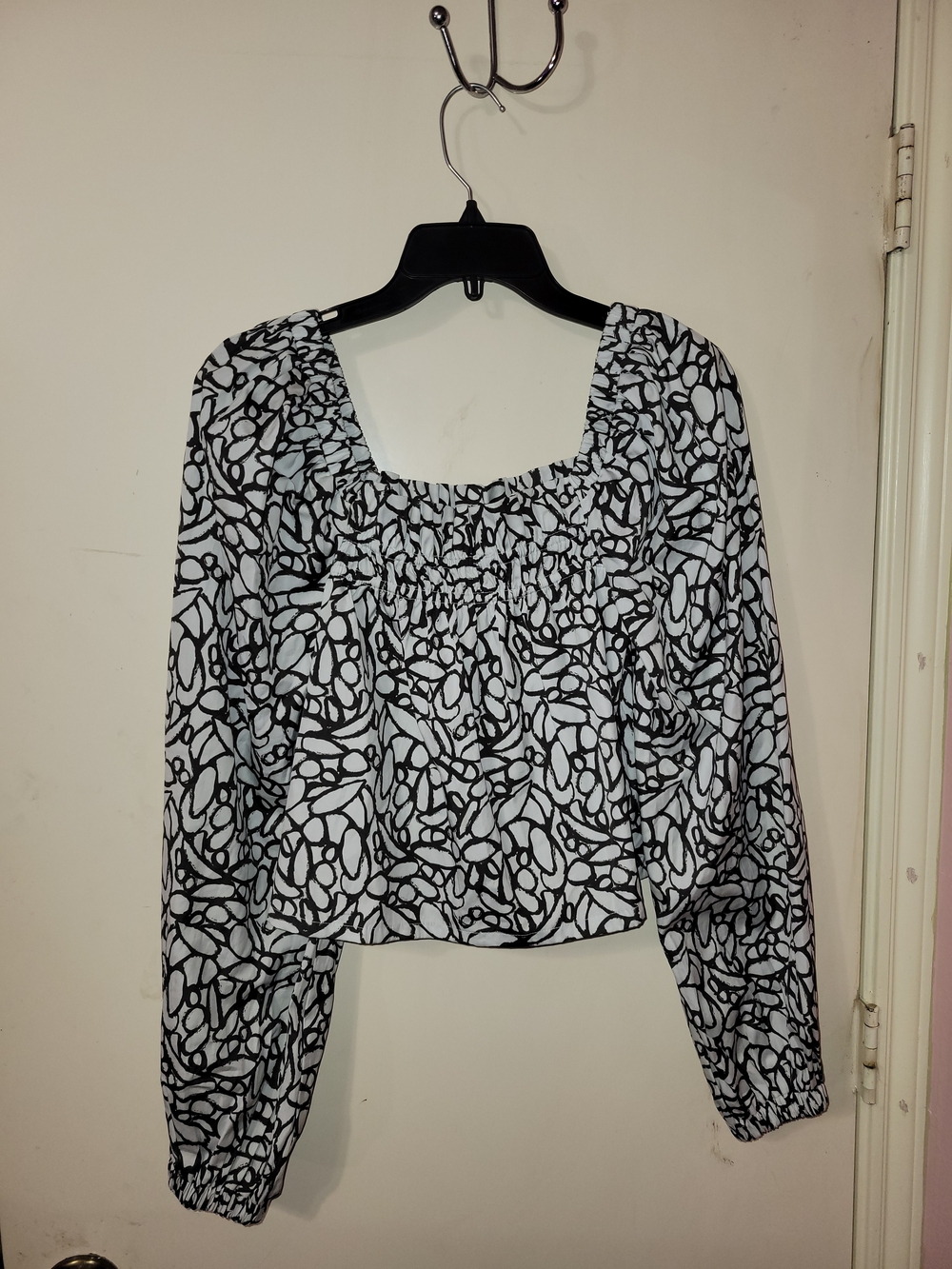 Smocked Square-Neck Black & White Print Blouse